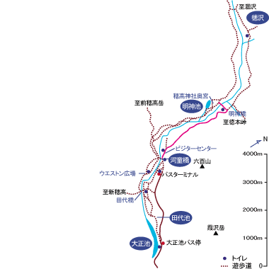 上高地ルミエスタホテルで入浴 昼食 河童橋スタートコース 河童橋 明神 左岸コース片道約3km 60分 バスツアーのアップオン